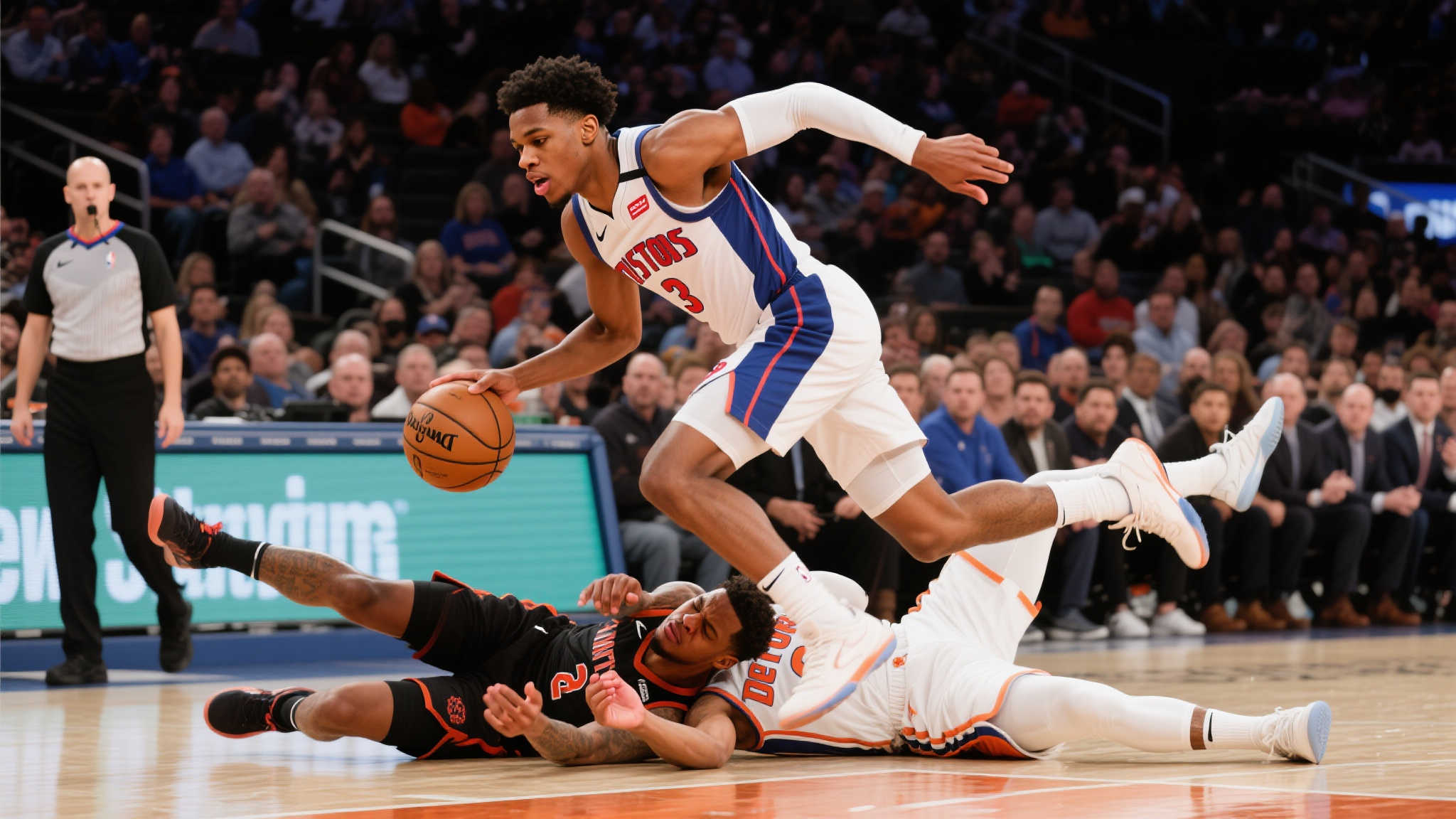 马瑟林持球发起突破，空中与多尔特碰撞重摔地板